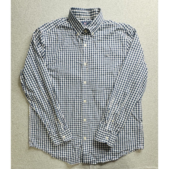 Vineyard Vines Shirt Mens Large Blue White Gingham Whale Logo Button Down Cotton